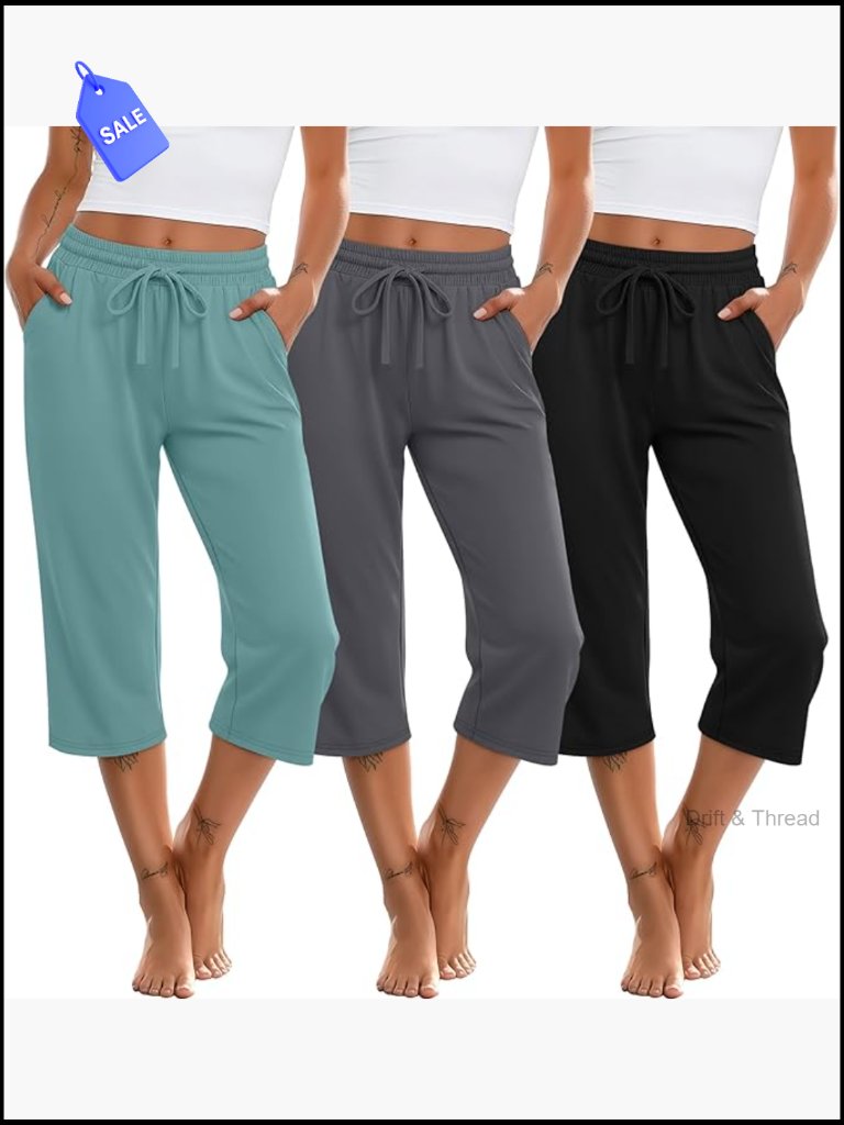 3 Pack Women's Capri Sweatpants Drawstring Lounge Wide Leg Cropped Pockets
